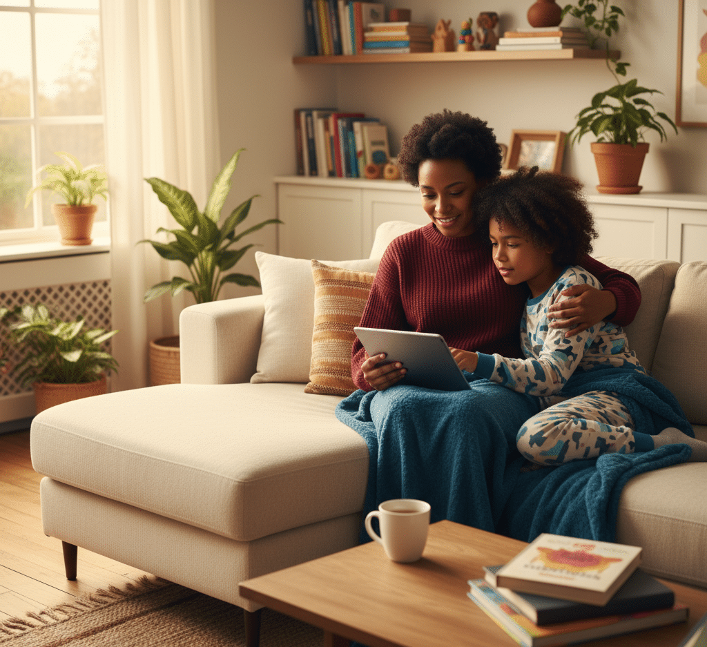 Mother using tablet with her neurodivergent child at home