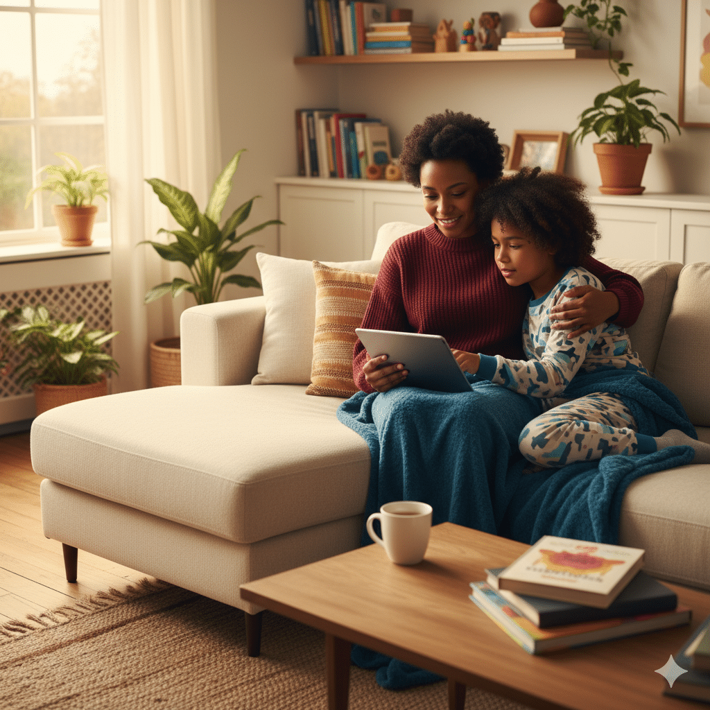 Mother using tablet with her neurodivergent child at home