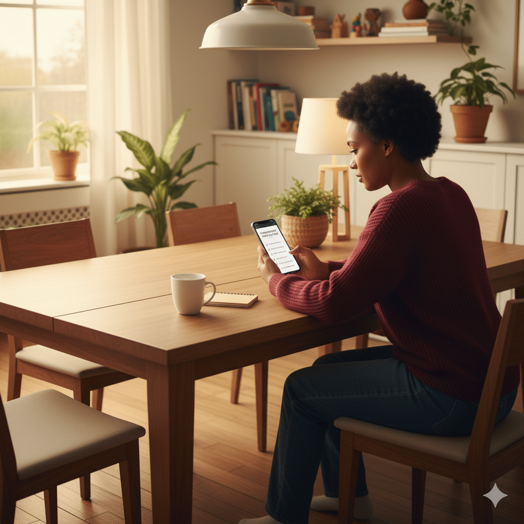 an image of a black mum sitting on a dinning table in her house alone, looking at her phone and on her phone screen it shows a checklist graphic titled “Choosing the Right App for Your Child.” The setting is warm.