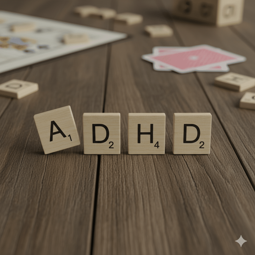 Scrabble tiles that spell out ADHD