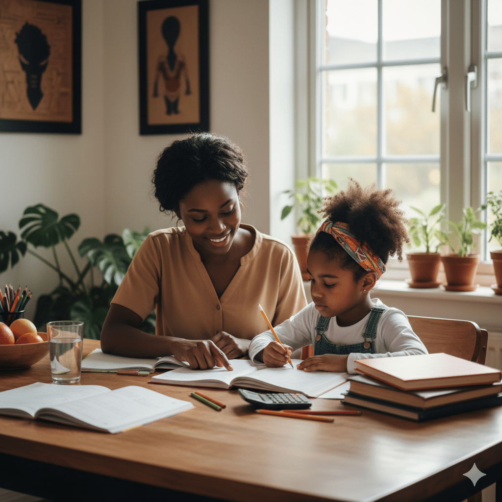 A mother helping her daughter with ADHD do her assignment