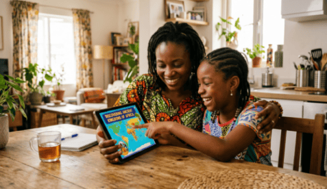 A modern Nigerian mother and child in Lagos smiling while co-exploring educational technology tools on a tablet.